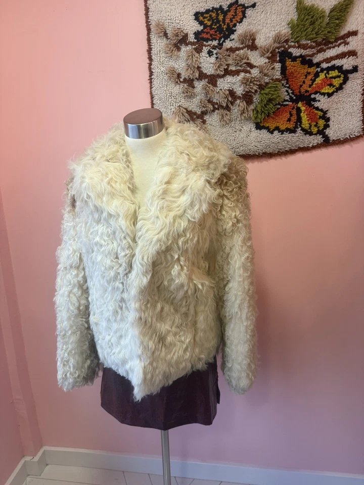 70s Curly Lamb Fur Cream Coat Fits L - Image 1 of 4