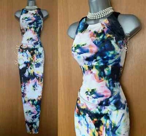 Vestido largo de satén elástico estampado floral fotográfico borroso Karen Millen UK 8 - Imagen 1 de 9
