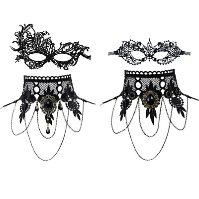 2Pcs Womens Gothic Masquerade Black Venetian Eye Mask Choker Necklace Prom Party - Image 1 of 4
