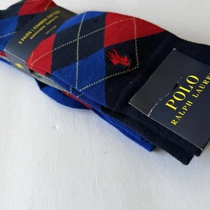 RALPH LAUREN POLO UOMO 3 paia CALZINI MISTO COTONE ARGYLE MIX BLU ROSSO GRIGIO OS NUOVI CON ETICHETTE - Foto 1 di 11