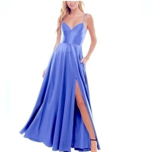 CITY STUDIO Blue Zip,Pocks, Slit Spaghetti Strap Full-Length Gown Dress Juniors - Picture 1 of 13