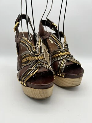 Miu Miu Y2K 36 каблук слинга сабо на танкетке платформе гвоздики коричневый кожаный дерева богемное - Изображение 1 из 4