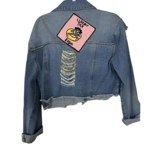 Custom Blue Denim Jean Jacket Luxury Tax Beaded Crystal Bling Stretch Y2K Large - Picture 1 of 6