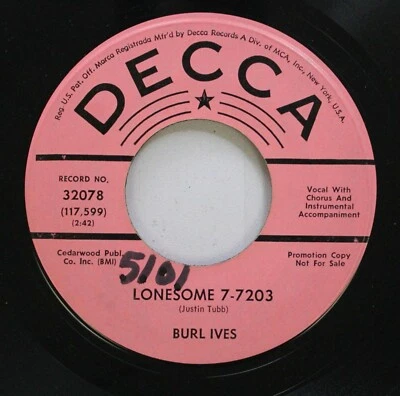 Country Promo 45 Burl Ives - Lonesome / Hollow Words On Decca Records - Image 1 of 2