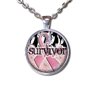 Breast Cancer Awareness Survivor Ribbon - Handmade ROUND Glass Pendant Necklace - Picture 1 of 10