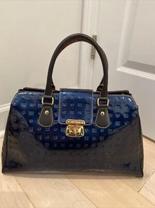 $480 Arcadia Italian Ocean Blue Black Trim Handbag Patent Leather Satchel - Picture 1 of 17