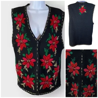 复古 Bobbie Brooks 毛衣背心 圣诞节 M 黑色 红色 Poinsettias 金色 金属色 — 第 1/4 张图片