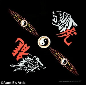 Bandana All Cotton Appx. 21" x 21" Blk W/ Tiger/Dragon  Head Wrap Or Neck Scarf - Picture 1 of 1
