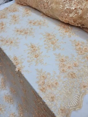 Tela por yarda 3d amarillo pálido encaje bordado flores florales quinceañera  Foto 1 de 4