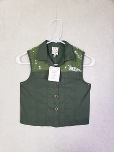 Belle Du Jour Girls Jacket Small Green Cotton Sequin Sleeveless Button Up Vest - Picture 1 of 18
