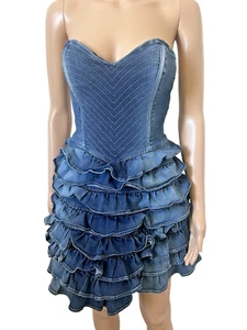 Guess Y2K Melia Denim Ruffle Strapless Bustier Blue Jean Stretch Mini Dress Sz 5 - Picture 1 of 24