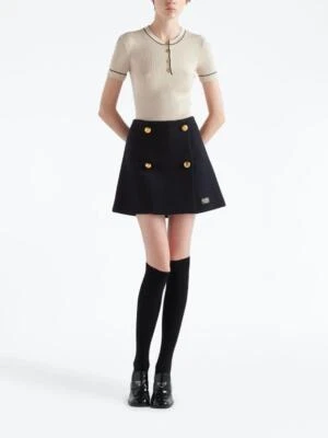 PRADA Natural Ribbed Knit/Gold Logo Button Short Slv Sweater 38/US 2 $2,150 - Image 1 of 4