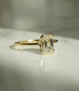Half Bezel Set Solitaire Engagement Ring Emerald Cut Moissanite Wedding Ring Her - Picture 1 of 4