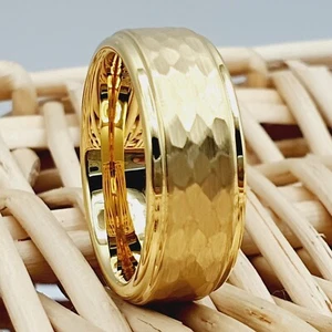 Men's Yellow Gold Tungsten Wedding Band Unique Gold Tungsten Engagement Ring - Picture 1 of 10