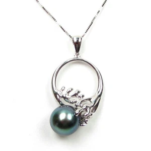 9-10mm Top Quality Authentic Tahitian Black Pearl Sterling Silver Pendant - Picture 1 of 2
