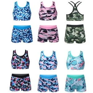 Kids Girl's Crop Top With Bottoms Athletic Vest And Shorts Training Swimsuit - Picture 1 of 39