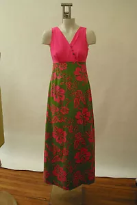True Vintage Hawaiian Maxi Dress Pink Green Floral Sleeveless Ludy Waikiki 4 - Picture 1 of 3