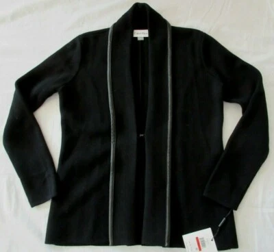 Calvin Klein Women's XS Black Open Front Knit Cardigan Faux Leather Trim NWT - Imagem 1 de 4