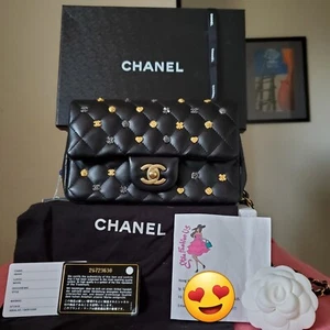 Chanel Classic Flap mini Charm Studded Rectangular black Gold Mixed Hw Bag - Picture 1 of 11