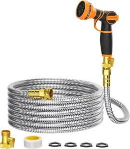 50ft x 5/8" 304 Stainless Steel Metal Garden Hose, No Kink with 9 Pattern Nozzle - Picture 1 of 6