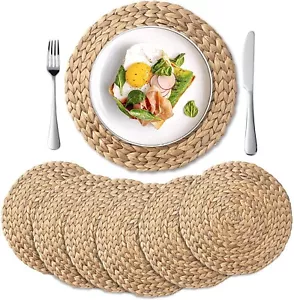 6 Pack, Round Woven Placemats, Natural Water Hyacinth Place mats, Braided Straw - Picture 1 of 4