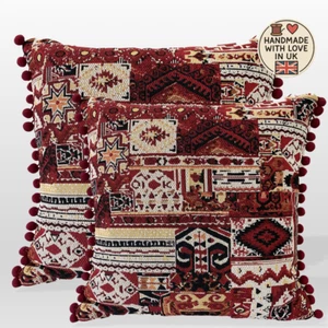 Paar Boho Kelim gefüllte Kissen mit Bommeln Vintage inspiriert Handarbeit in UK - Bild 1 von 6
