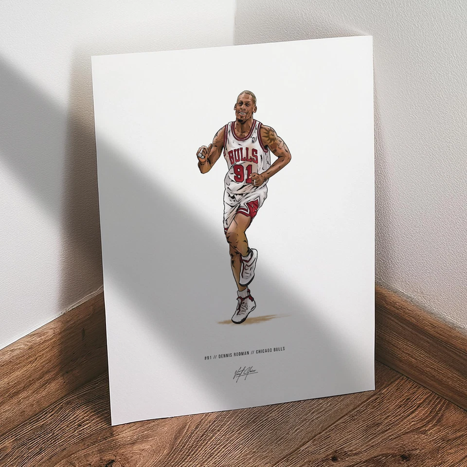 Póster Dennis Rodman Chicago Bulls ilustración de baloncesto impresión artística 8x10 Foto 1 de 4