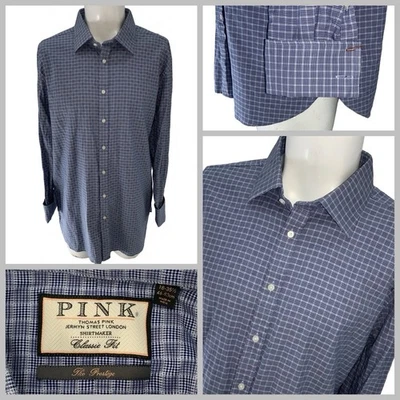 Thomas Pink Prestige Dress Shirt 18 35.5 Blue Check Cotton French Cuff YGI X5-34 - Image 1 of 4