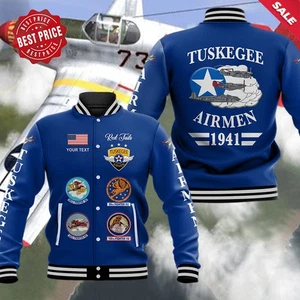 Personalised Tuskegee Airmen Baseball Jacket Blue Tails Simple Style Blue Print - Picture 1 of 6