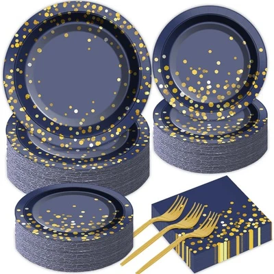 Juego de vajilla para 50 invitados azul y dorado suministros de fiesta punto dorado sobre papel azul P... Foto 1 de 4