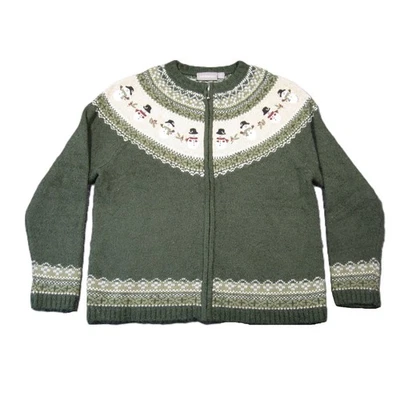 Croft & Barrow Snowman Fair Isle Cardigan M Green Silk Zip Up Holiday Winter - Image 1 of 4