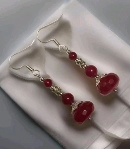 Vintage Style RED RUBY and JADEITE GEMSTONE Earrings In Silver Plate.Handmade - Picture 1 of 7