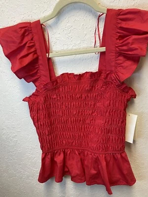 Meraki Top Women’s Medium Red Seersucker Ruffled Boho Shirt - Image 1 of 4
