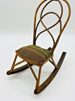 Vintage Antique Wood Miniature Children's Doll 12  Bentwood Cane Rocking Chair 6 • 38.62$