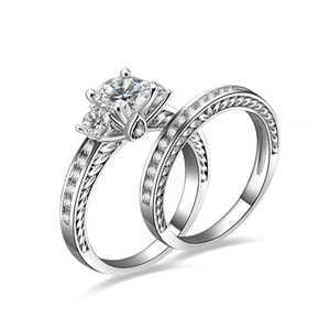 3-STONE 925 STERLING SILVER WEDDING ENGAGMENT RINGS SET WOMEN'S SIZE 3-12 SS021 - Picture 1 of 4