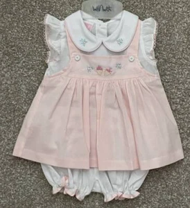 Will'beth NWT Newborn Baby Girl Pink Embroidered "Apron" Dress Ice Cream Bees - Picture 1 of 1