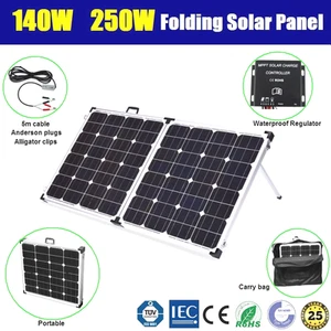 140W 250W 12V FOLDING MONO SOLAR PANEL PORTABLE KIT REGULATOR 5M CABLE CARRY BAG - Picture 1 of 6