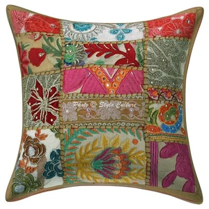 Brown Cushion Cover Vintage Gypsy Handmade Patchwork Tribal Ethnic Hippie Pillow - Picture 1 of 5