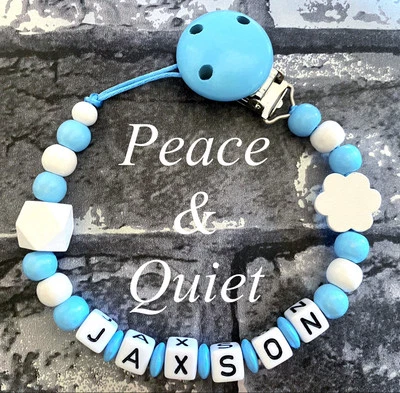 PEACE & QUIET Personalisierter Schnullerclip💙Holz💙Schnullerkette ☁️Wolke 💙blau☁️Junge💙Geschenk Grob