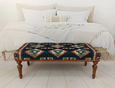 Blue Turkish Rug Pattern Upholstered Ottoman, Piano Bench, Front Window Bench - Image 1 of 4
