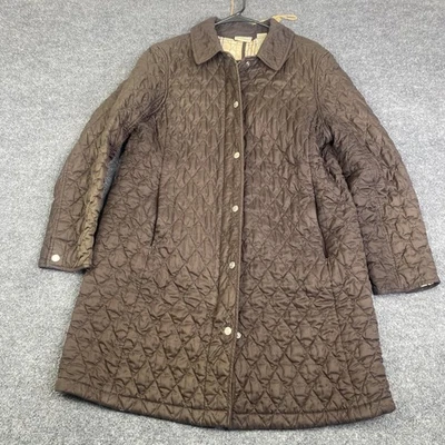 Jaqueta feminina LL Bean grande marrom acolchoada xadrez forrada casaco celeiro pequeno longo anos 90 - Imagem 1 de 4