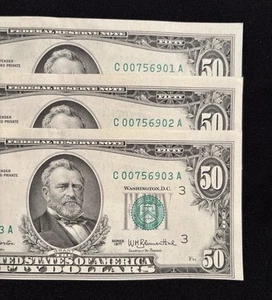 3 Consecutive Low Serial Numbers - 1977 $50 Fifty Dollar Bills - C00756901 /2 /3 - Picture 1 of 3