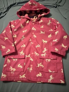 Hatley Girls Pink Unicorn Rain Coat Size 4 Striped Terry Lined Hooded Snap - Picture 1 of 6