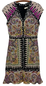 Etro Paisley Jewel Tone Patterned Silk Floral-Trim Flounce Dress Women's 44 Med - Picture 1 of 9