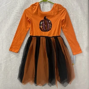 Cat & Jack Girls Halloween Sequin Tulle Dress L (10/12) Orange Black Pumpkin - Picture 1 of 12