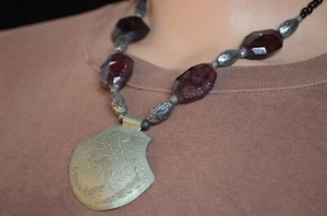Vintage Berber Necklace Garnet Beads Red with Engraved Pendant Silver Moroccan - Picture 1 of 6