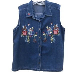 CABIN CREEK Sleeveless Button Down Chambray Kittens and Garden Embroidered L - Picture 1 of 9