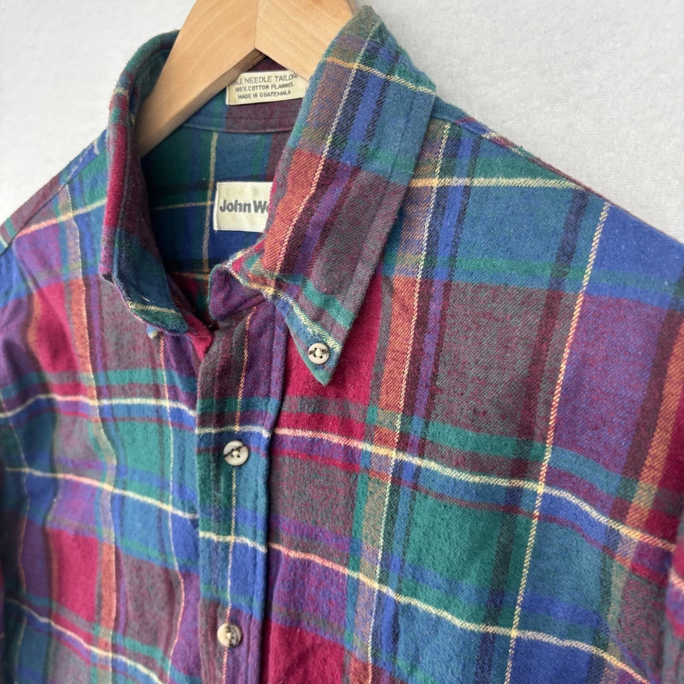 JOHN WEITZ 衬衫男式 M 法兰绒格子单针纽扣棉红色复古 — 第 1/4 张图片