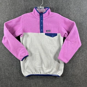 Patagonia Synchilla Sweater Girl's Extra Large 14 Pink Gray Fleece Snap Button - Picture 1 of 10