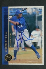1999 JUST MEMORABILIA #46 VERNON WELLS BLUE JAYS SIGNED CARD JSA STAMP AUTOGRAPH